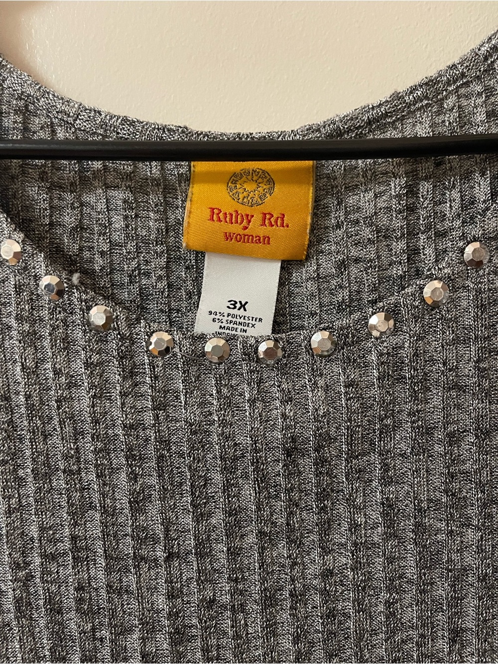 Ruby Rd. Gray Ribbed Crewneck Sweater with Rhinestone Trim - Picture 2 of 3